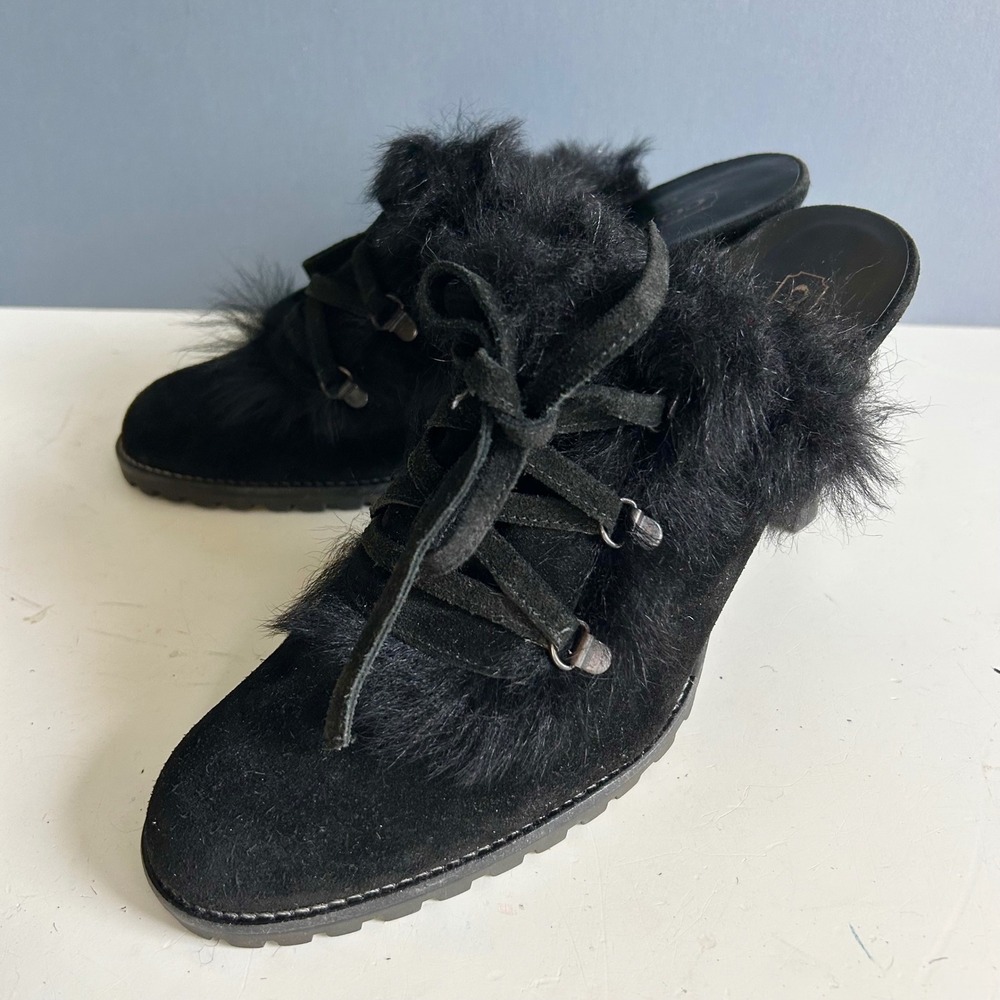 Coach Kristy Mules Size 9.5 Heel Black‎ Suede Fur Lace Up Italy Glam Feather Boa